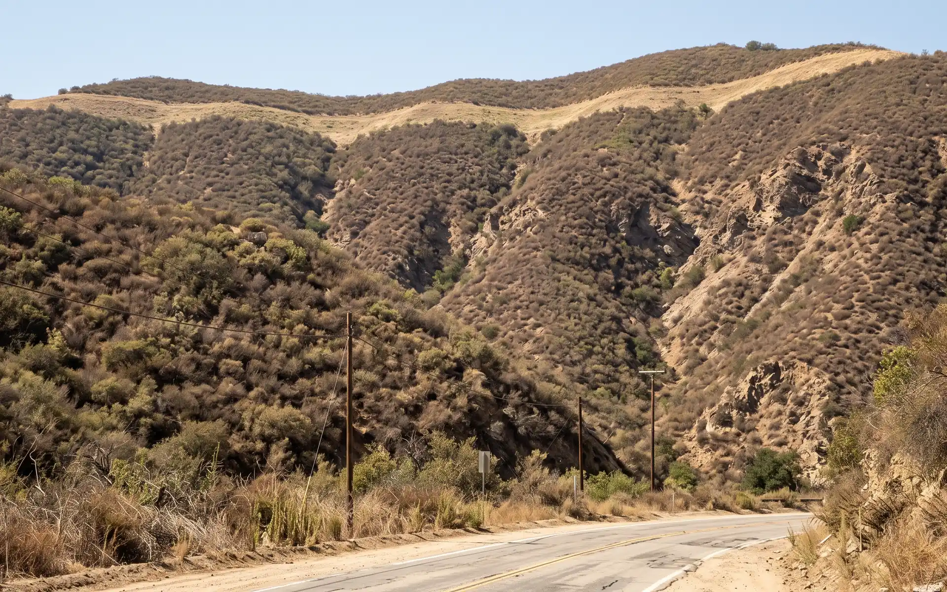 A chaparral hillside with a mowed fuel break along the ridge
