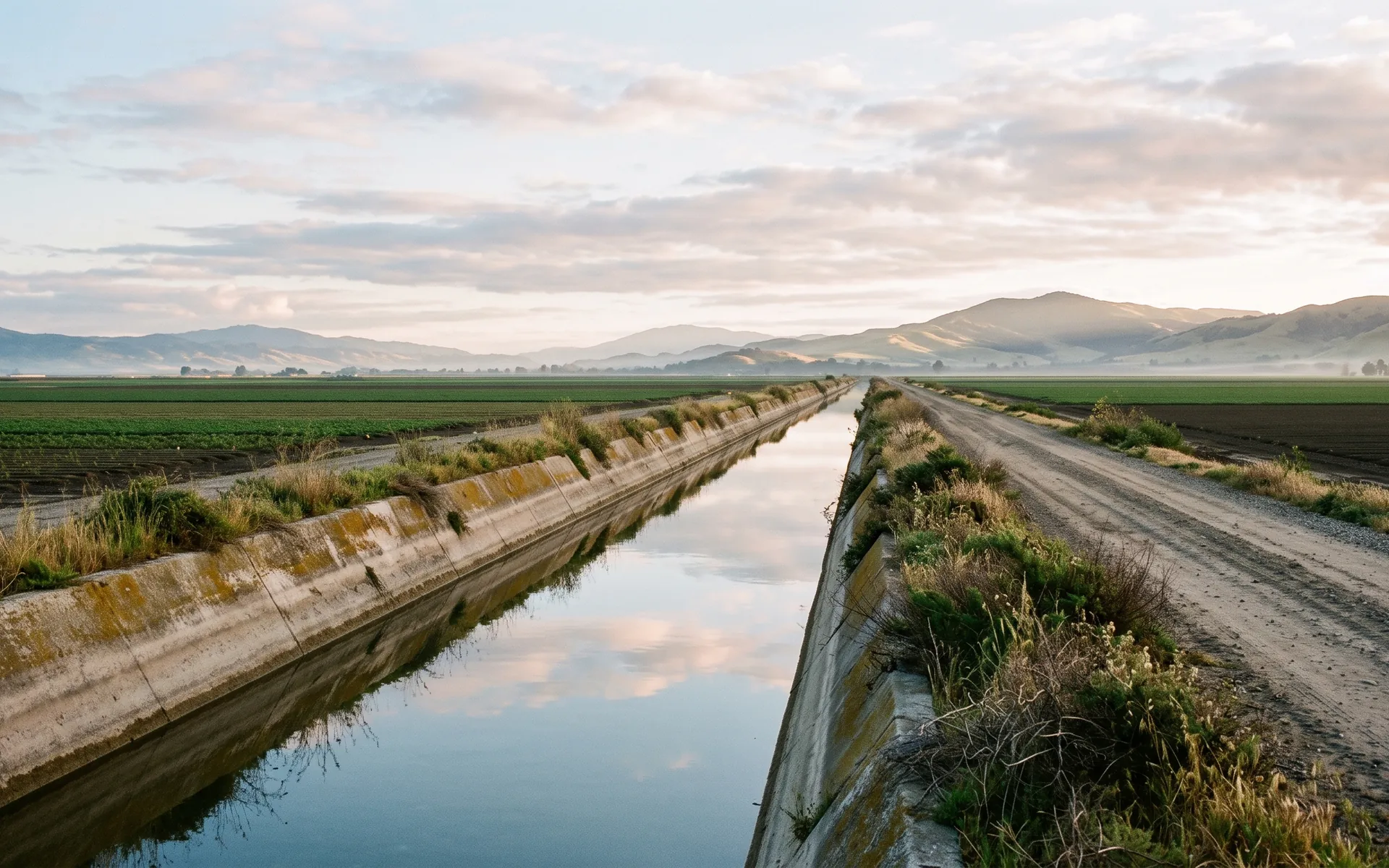 An irrigation canal between farm fields beside a levee road