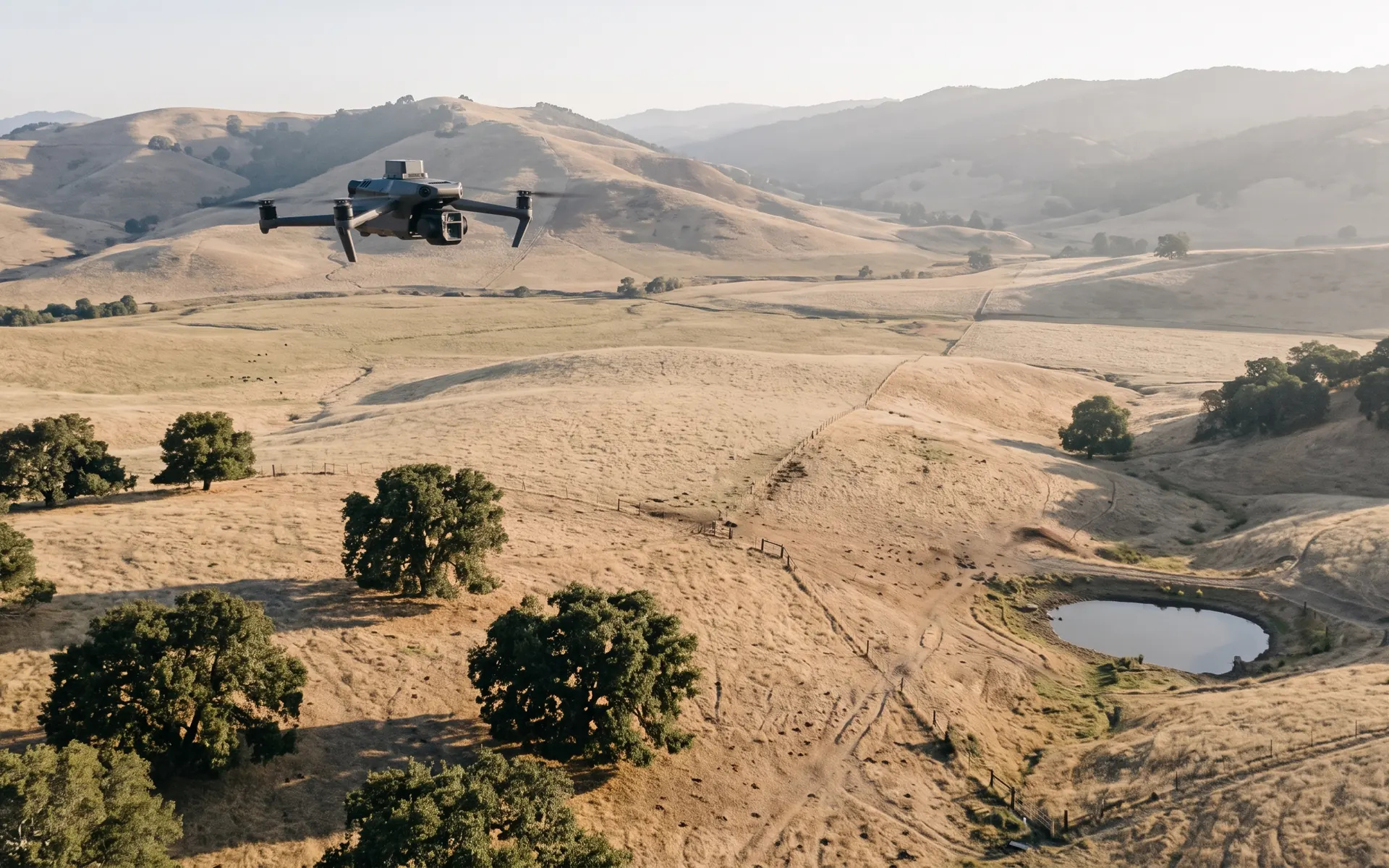 An aircraft in flight over managed land
