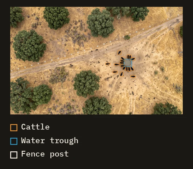 Aerial training image with boxes labeling cattle, a water trough and fence posts