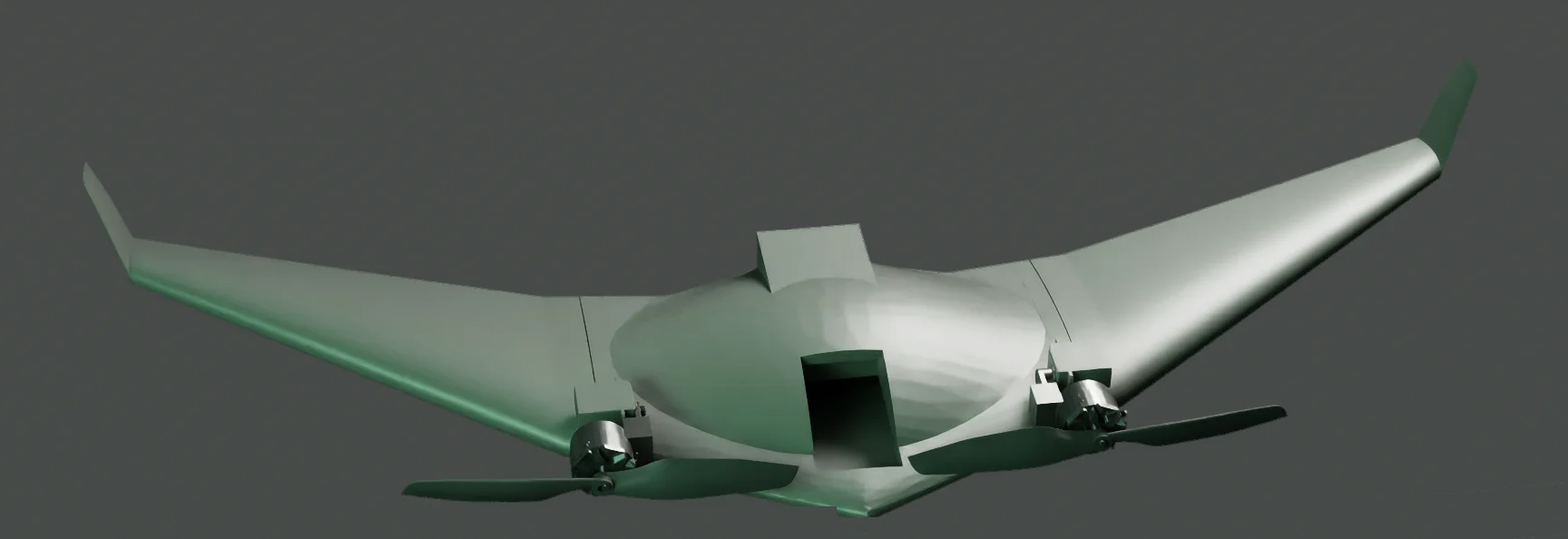 Zohardi blended wing body aircraft, rendered from current CAD, with subsystem callouts