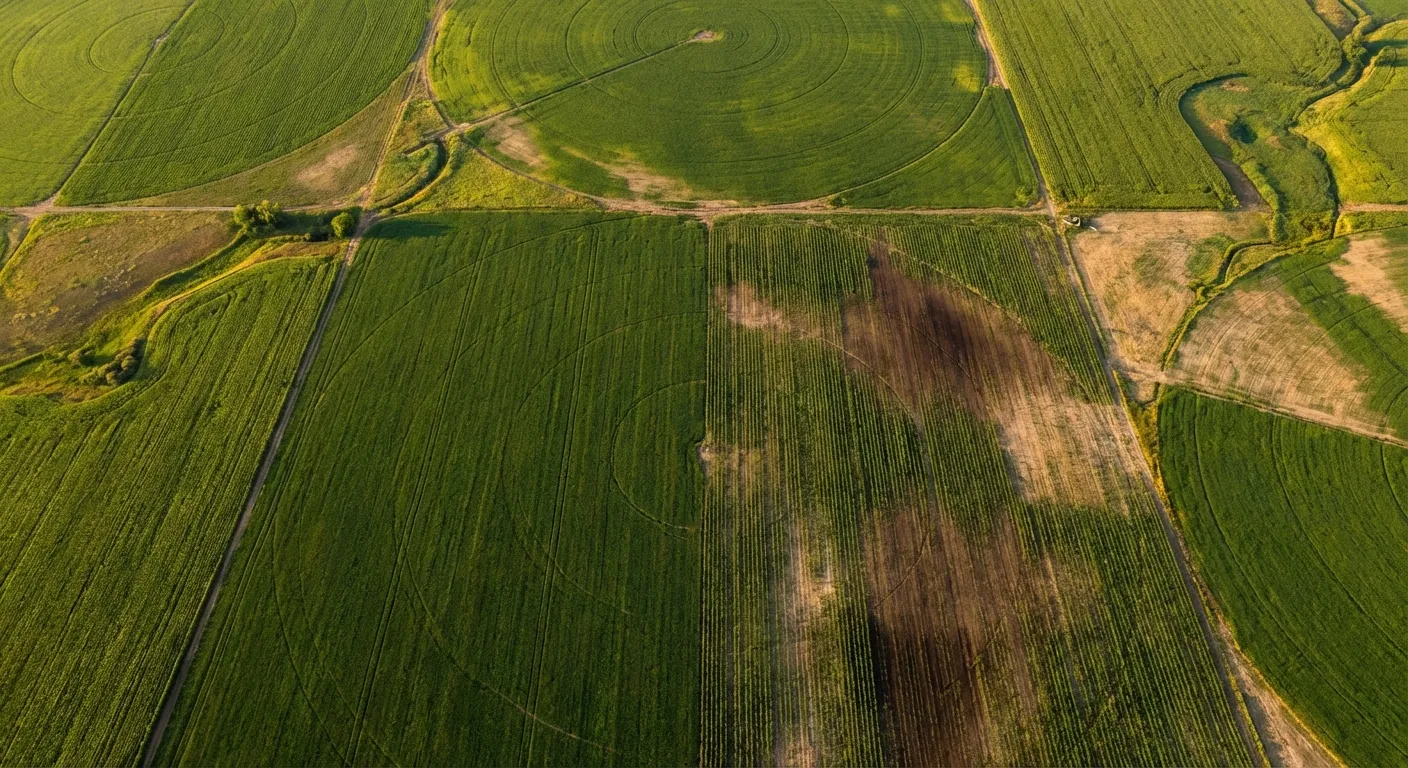 Aerial view of agricultural fields and pasture