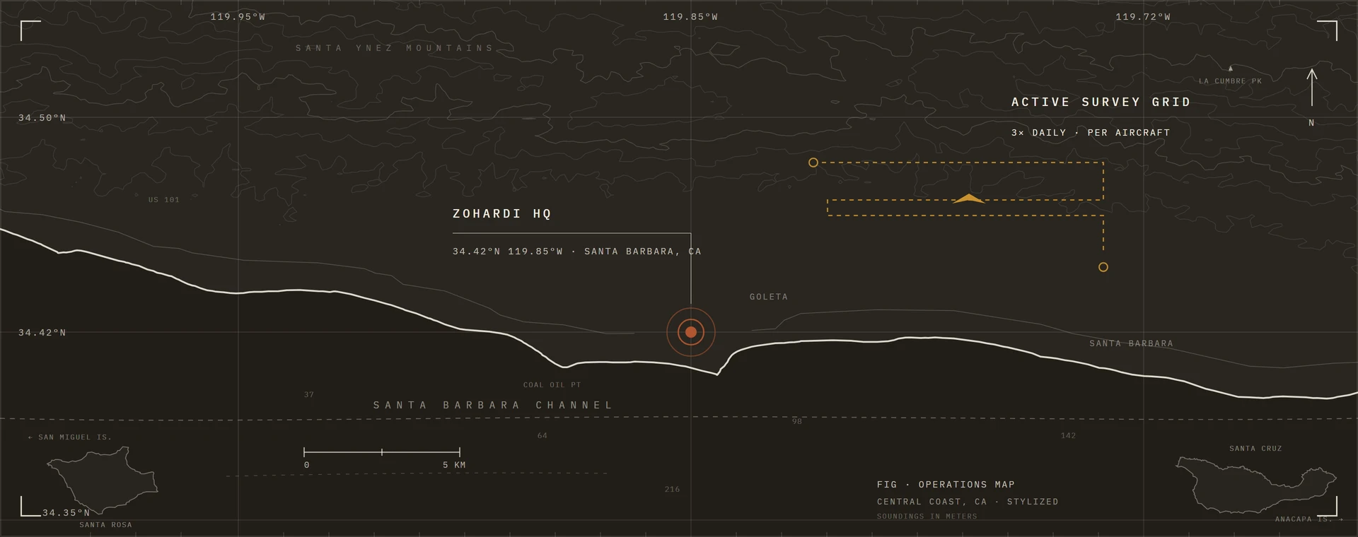 Stylized operations map of the Santa Barbara coast showing Zohardi HQ and an active survey grid